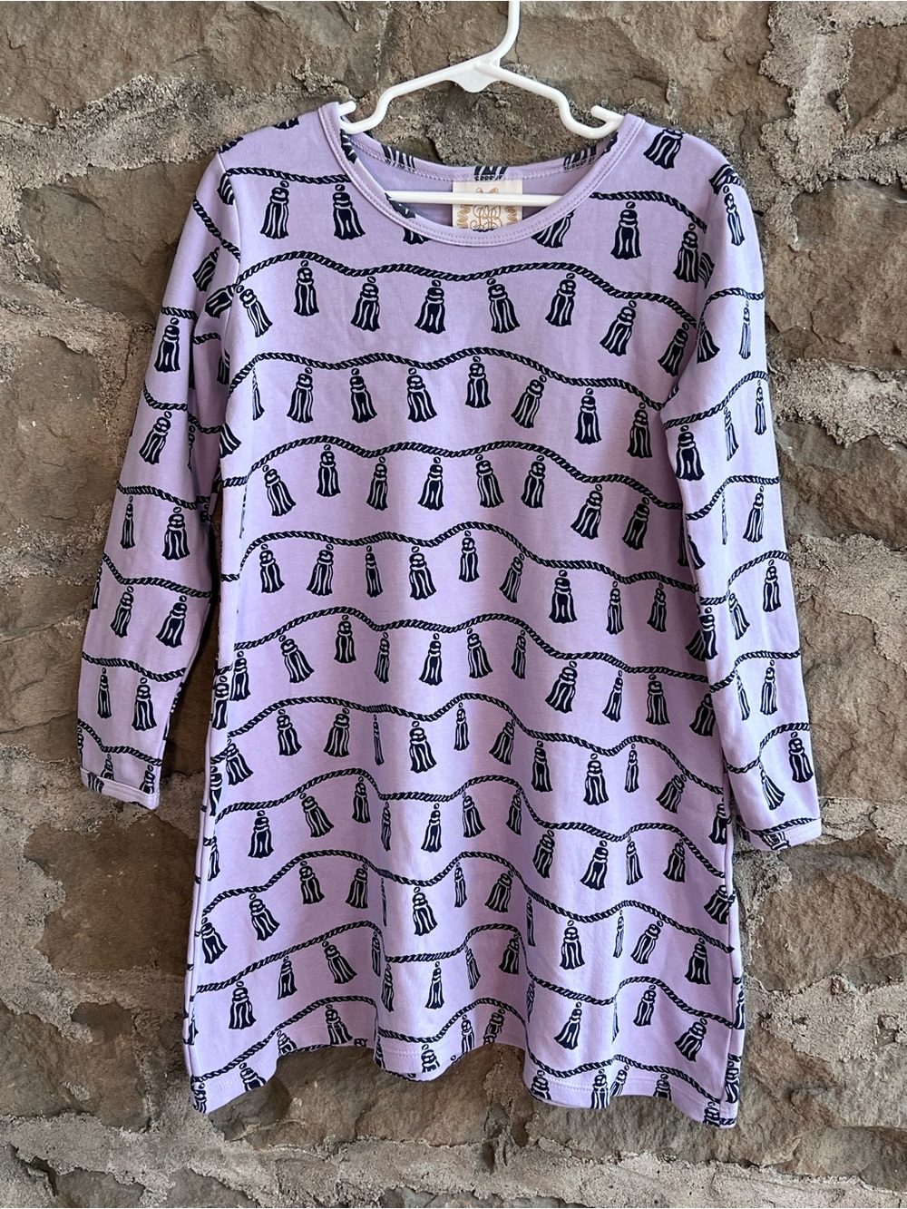 EUC size 8 The Beaufort Bonnet Company Polly play Dress with Navy Tassel Print